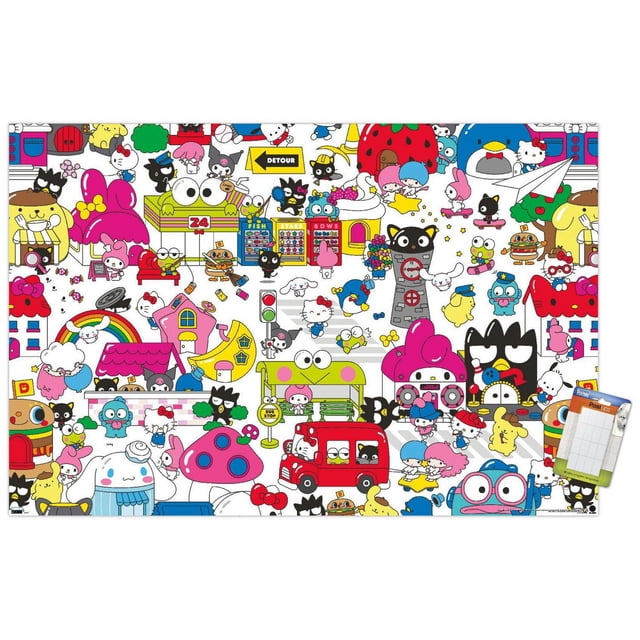 Hello Kitty and Friends : Hello - Affiche Murale de Groupe, 22,375 Po x 34 Po, une Affiche Brillante et Colorée Mettant en Vedette des Personnages Sanrio comme Hello Kitty, My Melody, Keroppi et Badtz-Maru dans un Paysage Urbain Ludique avec un Autobus Rouge, un Arc-en-Ciel, des Boutiques de Bonbons et un Arrêt d'Autobus, Idéale pour Décorer des Chambres, des Bureaux Ou des Dortoirs avec Supports Adhésifs Inclus.