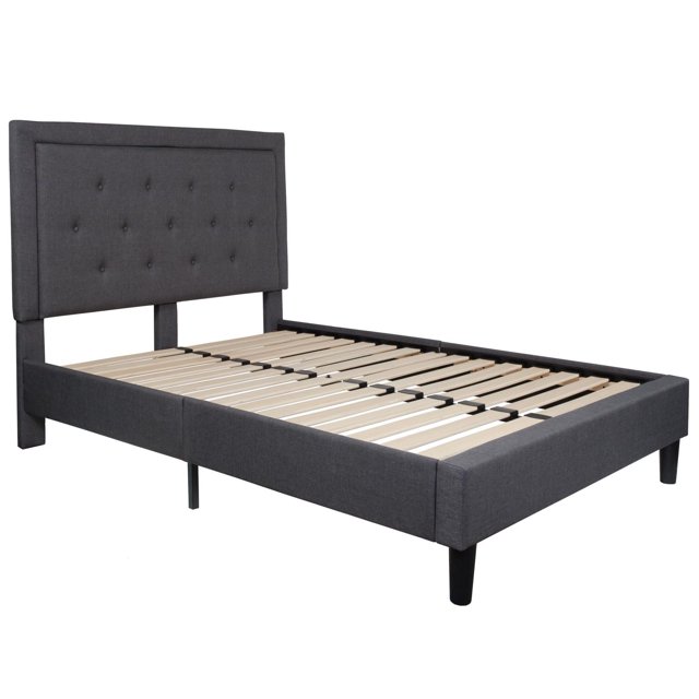Lit plateforme Roxbury double touffeté en tissu gris foncé
