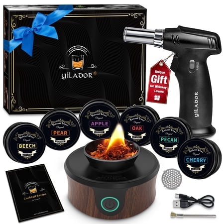 Trousse de Fumoir à Whisky Électrique avec Torche, Cadeau de la Fête des Pères pour Amateur de Whisky, 6 Copeaux de Bois?? Infusent de Riches Saveurs Fumées dans un Bourbon à l'Ancienne et des Cocktails, Bi