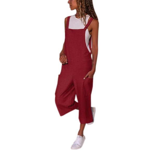 Ersazi Free People Romper Women Sleeveless Dungarees Loose Cotton Linen Long Playsuit Party Jumpsuit On Clearance Baggy Pants Women Red S
