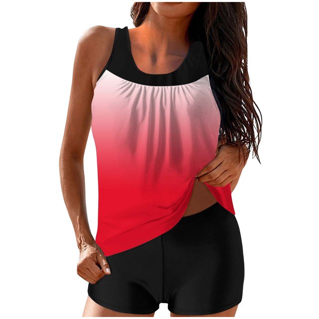 FAVIPT Womens Two Piece Bathing Suit Printed Tank Top with Shorts Tummy Control Modest Athletic Swimwear 2026 Red,L