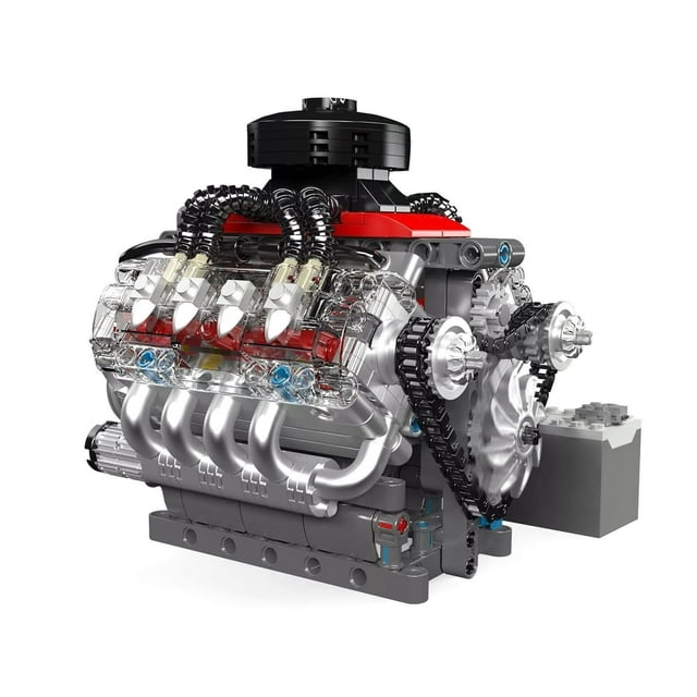 Estbridg V8 Engine Model Building Block Set designed for creative construction enthusiasts, featuring a detailed V-type 8-cylinder engine model made from durable ABS stacking blocks. The model includes realistic mechanical components such as chains, pistons, and gears, with a striking red and silver colour scheme. A STEM educational toy suitable for ages 14 and up, it promotes spatial imagination, engineering skills, and logical thinking. Perfect as a decorative piece for homes or offices and a thoughtful gift for various occasions.