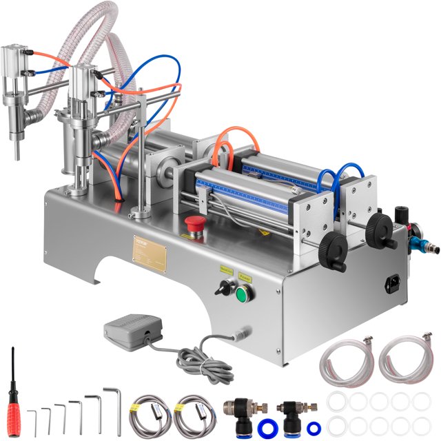 VEVOR Pneumatic Liquid Filling Machine 50-500ml, Liquid Filler Machine Double Heads, Bottle Filler Horizontal Automatic Stainless Steel Structure for Oil Water etc.