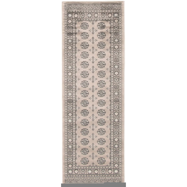 Tekke Oriental Area Rug for Living Room, Dining Room, Bedroom in grey featuring symmetrical repeated oval and diamond-shaped motifs in dark grey and cream, bordered by intricate floral and geometric patterns, designed as a runner rug ideal for hallways or entryways.