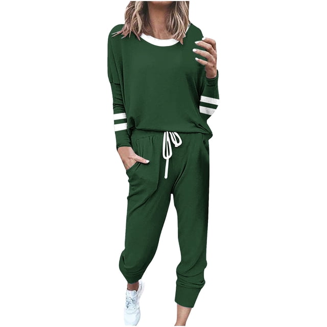 Moxiu Color Block Sweat Set for Women - 2 Piece Spring Long Sleeve Wide Leg Casual Lounge Army Green,S