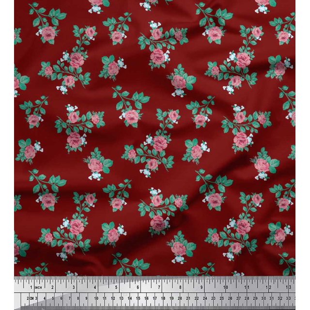 Soimoi Modal Satin Fabric Leaves & Rose Floral Decor Fabric Printed Yard 42 Inch Wide