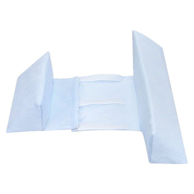 Baby Breathable Pillow, Baby Removable and Washable Breathable Bedding Set in sky blue. Features an adjustable 45° triangular inclined support and anti-roll sleep positioner. Made of sponge material with a hidden Velcro design for adjustable width. Measures approximately 16.92 x 3.93 inches. Includes a removable, washable pillowcase with a hidden zipper for safety. Designed to maintain a comfortable fixed position for newborns.