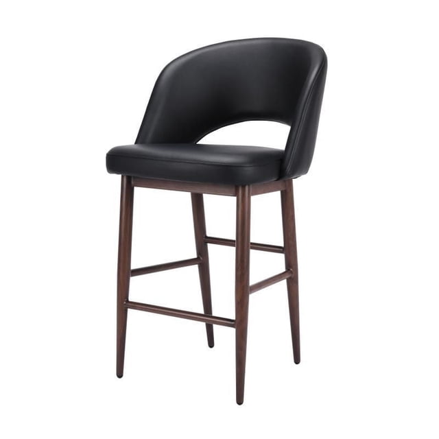 Plata Import Executive Stool in Black with black PU upholstered seat and curved backrest, supported by a black walnut faux wood metal frame with tapered legs and footrest. This mid-century modern counter stool measures 38 inches high with a 26-inch seat height, suitable for kitchen islands and dining counters.
