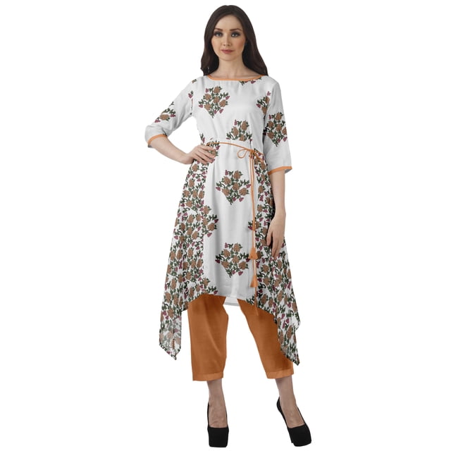 Moomaya Ensemble Tunique Indienne Haut et Pantalon Manches 3/4 Imprimé Kurta Kurti de Designer pour Femmes