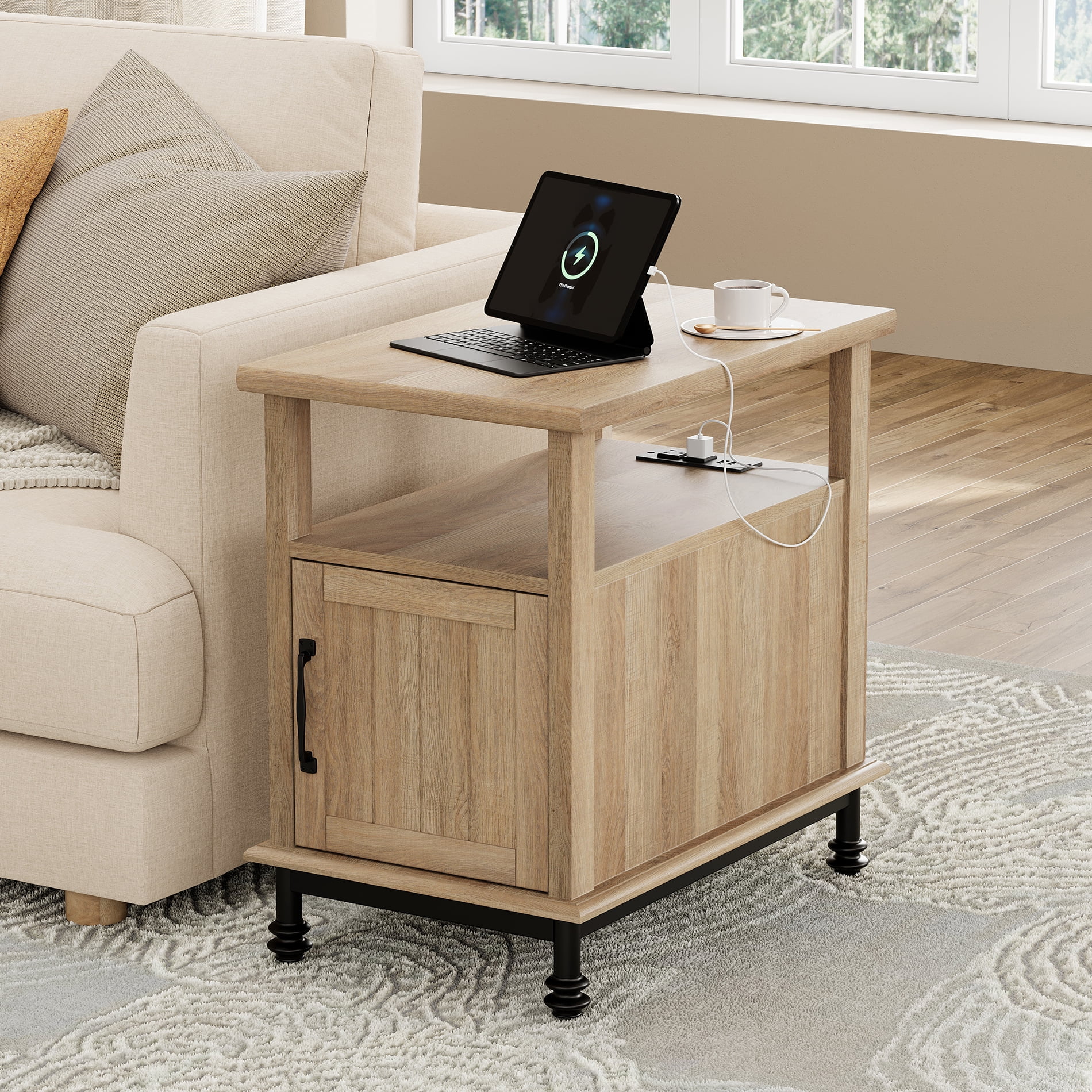 WAMPAT End Table with USB Charging Station, Side Table with Storage Cabinet, Light Wood Bedside Table with Metal Legs, Farmhouse Nightstand for Living Room or Bedroom, Oak