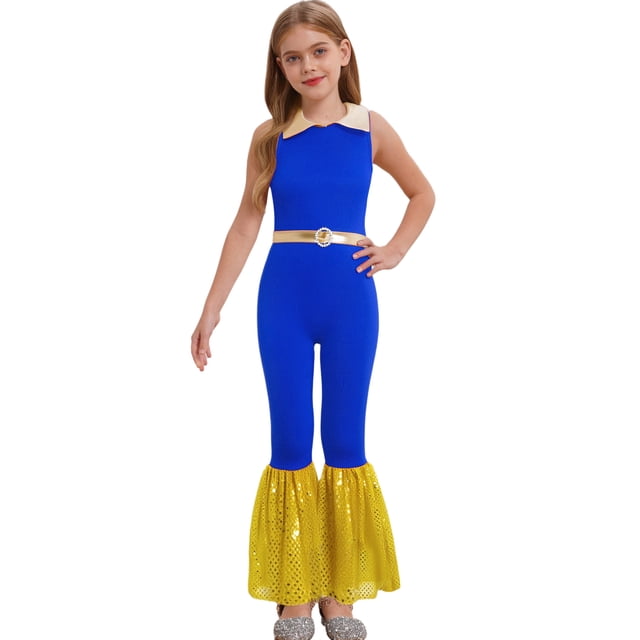 Hansber Combinaisons de Danse Disco Sans Manches à Sequins pour Filles Enfants Col Rabattu Fermeture Éclair Bleu 6