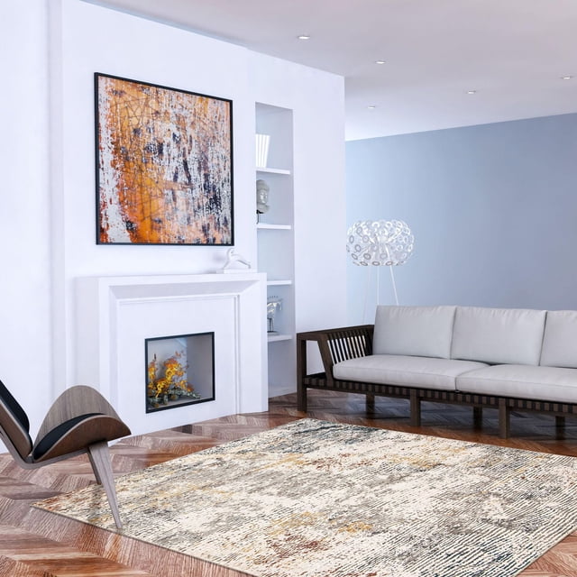 ECARPET Tapis Moderne Abstrait Stellar Collection dans un Salon Contemporain avec Foyer Blanc, art Mural Abstrait orange et Noir, Plancher de Bois en parquet, une Chaise en Bois avec Coussin Noir, et un sofa Gris Pâle avec Cadre en Bois, avec un Motif Abstrait beige, Brun et Gris Atténué, Convient aux Zones Intérieures à Fort Passage et Convient aux Animaux de Compagnie.