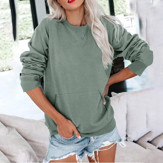Meichang Chandails en Molleton pour Femmes Sans Capuche Manches Longues Col Rond Ample Chandail Tops Couleur Unie Coupe Ample Chandails en Molleton Doux Automne