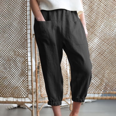 Frostluinai Pantalon Capri en Lin Femme Décontracté Taille Haute Shorts Capri Dames Jambe Grand à Cordon Pantalon Skimmer Plage Couleur Unie Capris Extensibles Capris pour Femmes Grande Taille