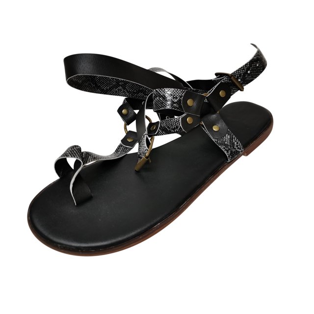 Womens Casual Ankle Strap Set Toe Belt Buckle Snake Print Flat Low Heel Sandals