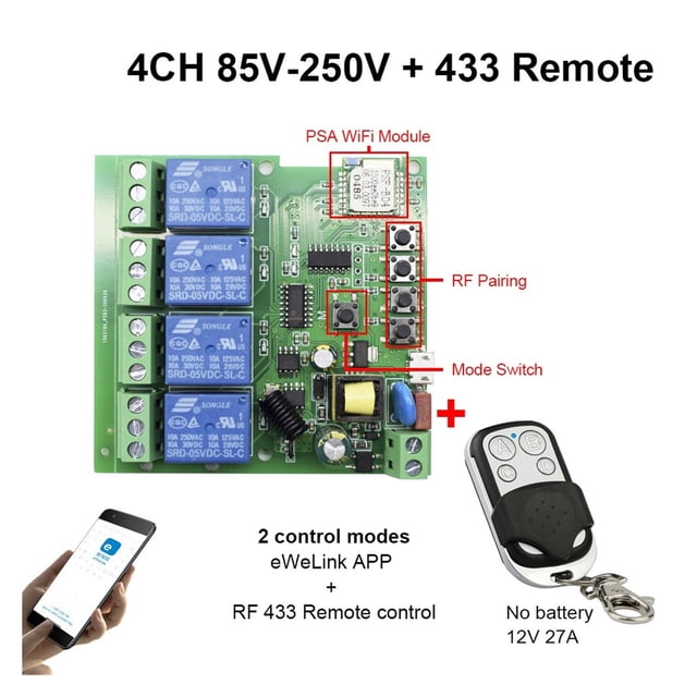 Commutateur Wi-Fi pour Porte de Garage 1 Ch 4 Ch Module de Relais Sans Fil Module d'Automatisation pour Maison Intelligente Application Télécommande Commande Vocale, Facile à Utiliser