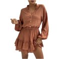 thumbnail image 4 of AherBiu Long Sleeve Dresses for Women Button Down Lapel V Neck Tiered Pleated Ruffle Short Dress, 4 of 7