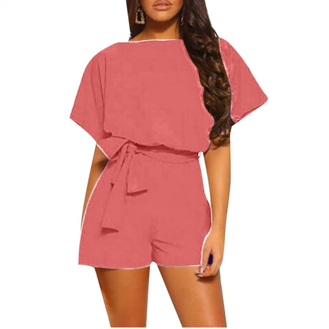 TIMIFIS Women's Summer Jumpsuit Belted Keyhole Back Short Sleeve Solid Color Jumpsuit on