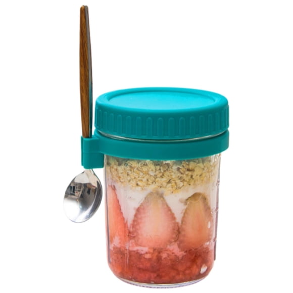 Glass Meal Prep Jar with Spoon in Lid, Airtight Overnight Oats Container with Measurement Marks, Portable Leak-Proof Breakfast Shaker for Yogurt Salad and Snacks