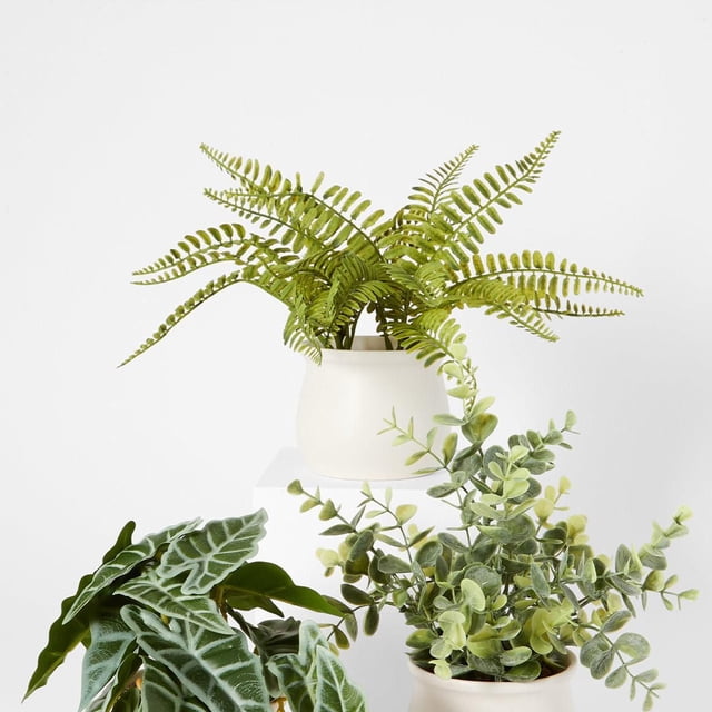 Anko Fougère Artificielle en Pot avec des Frondes de Fougère Vertes Réalistes dans un Pot Décoratif Crème Lisse sur un Piédestal Blanc, Conçu pour une Utilisation Intérieure comme Verdure Artificielle Sans Entretien Améliorant la Déco de la Maison.