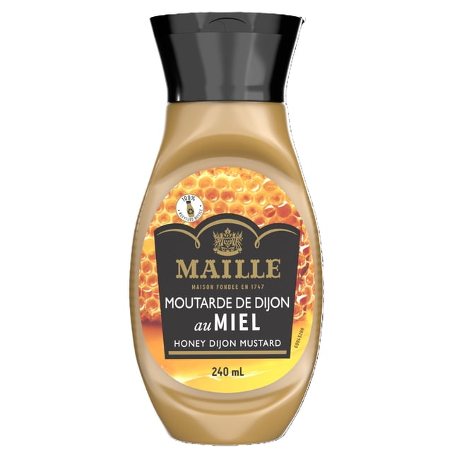 Maille Honey Dijon Mustard Squeeze 240ml in a squeezable beige bottle with black flip-top cap, featuring honeycomb imagery and bilingual French-English label, suitable as a tangy condiment for cheese platters and fruit salads.