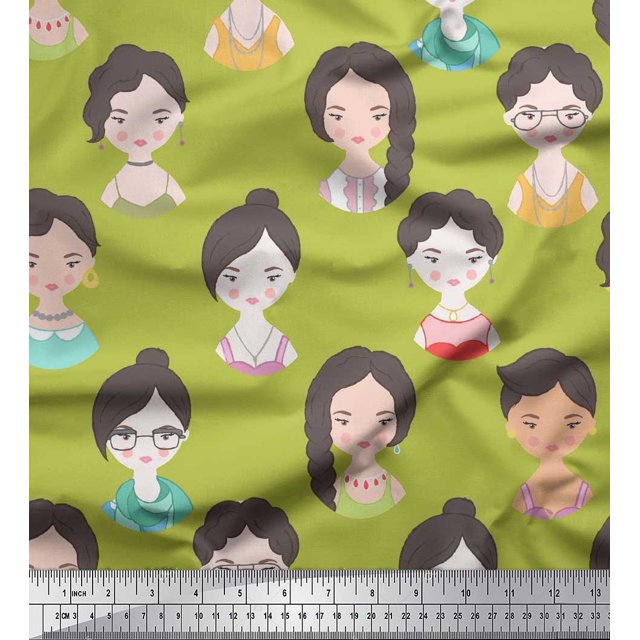 Soimoi Green Modal Satin Fabric Women Face Human Figure Decor Fabric Printed Yard 42 Inch Wide
