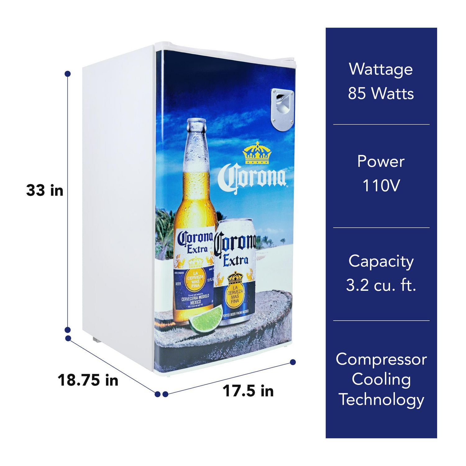 Corona 3.2 cu.ft Compact Fridge with Bottle Opener 90L. White