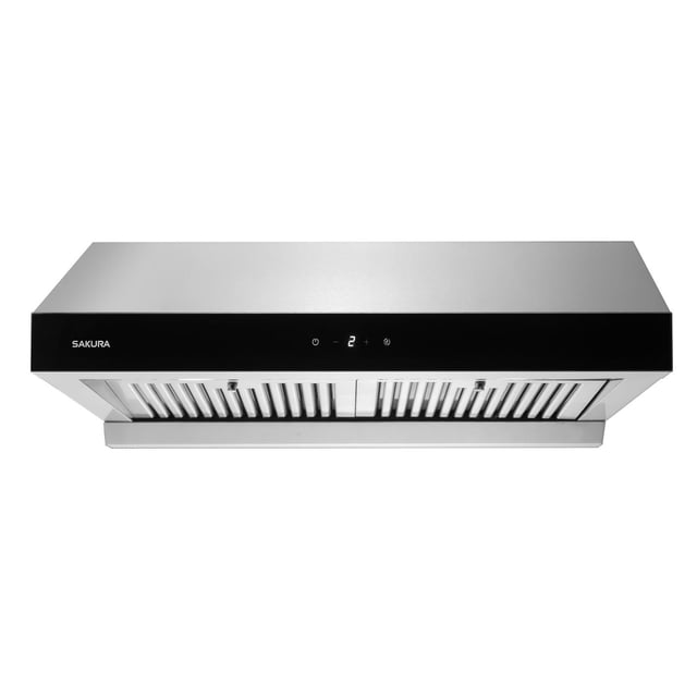 SAKURA R3312 30" range hood in stainless steel with black tempered glass sensor control panel showing speed 2, dual flameproof stainless steel baffle filters, and energy-saving dual LED lights for kitchen ventilation.
