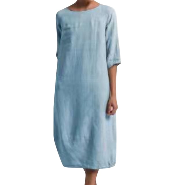 Innerwin Robe Midi Unie Robes pour Femmes Plage Col Rond Confortable Bleu Clair 4TG