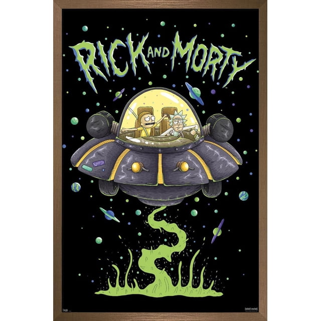 Rick And Morty - Affiche Murale de Navire, 22,375 Pouces x 34 Pouces Mettant en Vedette des Personnages Animés Rick And Morty à l'Intérieur d'Un Vaisseau Spatial Gris et Jaune avec un Dôme transparent, Entouré de Planètes Colorées et de Fumée d'Alien Verte sur Fond Noir, Imprimée sur Papier d'Affiche Lustré et Encadrée en Bois Brun, Idéale pour Décorer des Chambres, des Bureaux Ou des Résidences Étudiantes.