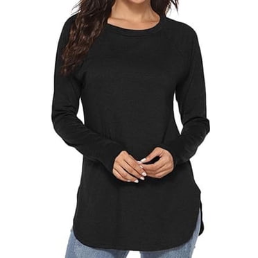 AherBiu Womens Long Sleeve Tops Loose Split Tunic Tops to Wear with Leggings Crewneck T Shirt Blouse