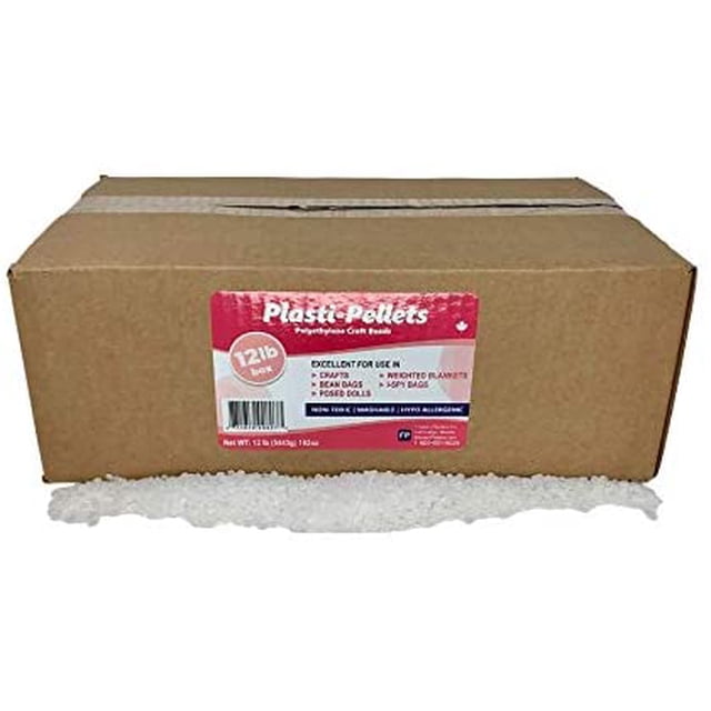 Plasti-Pellets 12-pound box of weighted stuffing beads by Friesen Plastics Inc, featuring premium quality polyethylene craft pellets. The box is brown with a pink and white label detailing uses such as weighted blankets, dolls, plushies, and sensory items. The pellets are visible spilling out from the bottom of the box.