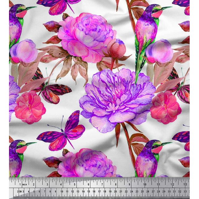 Soimoi Purple Modal Satin Fabric Hummingbird,Insect & Floral Print Fabric by Yard 42 Inch Wide