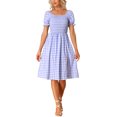 thumbnail image 1 of INSPIRE CHIC Robe Smockée pour Femme à Carreaux Vichy, Encolure Carrée, Manches Courtes, Décontractée, Violet, P, 1 of 5