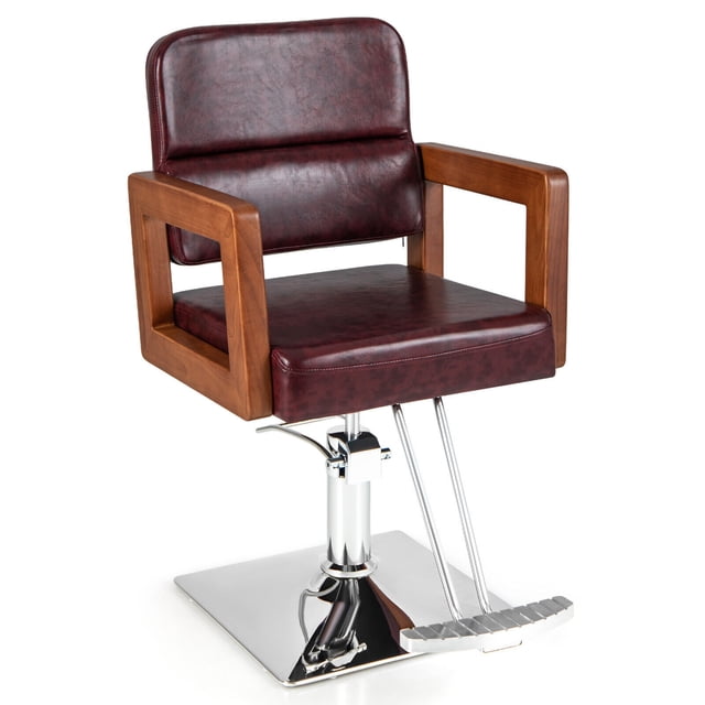 Gymax Chaise de Salon Réglable Fauteuil Hydraulique de Barbier en Bois Massif avec Rotation à 360° Cette Chaise Présente un Siège et un Dossier en Cuir PVC Rouge Élégant, Complétés par des Accoudoirs en Bois Massif et une base en Métal Électroplacé Lustré. Elle Offre une Plage de Hauteur Réglable de 6 Pouces (19,5 Pieds' à 25,5 Pieds'), une Pivotement à 360° avec un Mécanisme de Verrouillage, et une Barre de Pied pour un Réglage Facile de la Hauteur. le Coussin en Éponge à Haute Densité Assure le Confort, pendant Que le Cadre Robuste Supporte