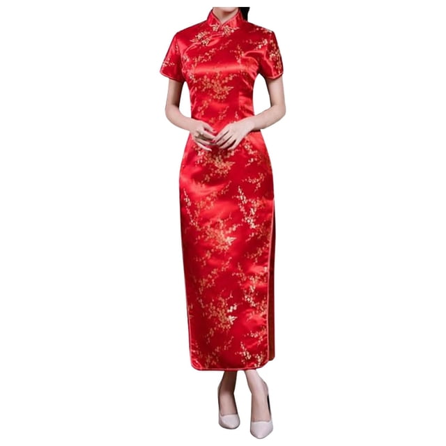 Robes d'Été pour Femmes 2025 Vintage Chinois Cheongsam Brodé Manches Courtes Longue Robe Traditionnelle Qipao Rouge Pastèque TTTG