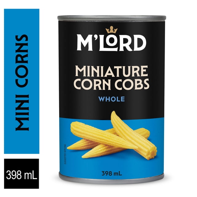 M'Lord Miniature Corn Cob Whole, 398ml can with black and blue label displaying four yellow miniature corn cobs, highlighting their crisp texture and natural sweetness, ideal for stir-fries, grilling, salads, and vegetable platters.