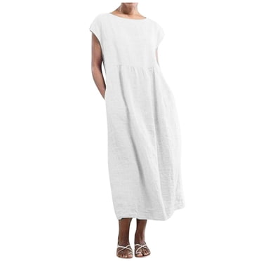 Fridja Women’s Solid Sleeveless O-neck Maxi Pockets Linen Loose Baggy Kaftan Long Dress