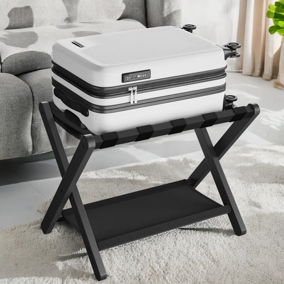Support à Bagages Pliant avec Tablette de Rangement, Cadre en Bambou Robuste et Sangles en Nylon, Supporte 131 lb, Conception Gain de Place, Noir Classique