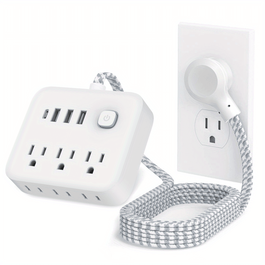 1 power board, power board surge protector, 3 AC sockets, 3 USB 1 and 1 Type-C charging port, power button, flat plug, desktop charging station with overload protection, suitable for home.