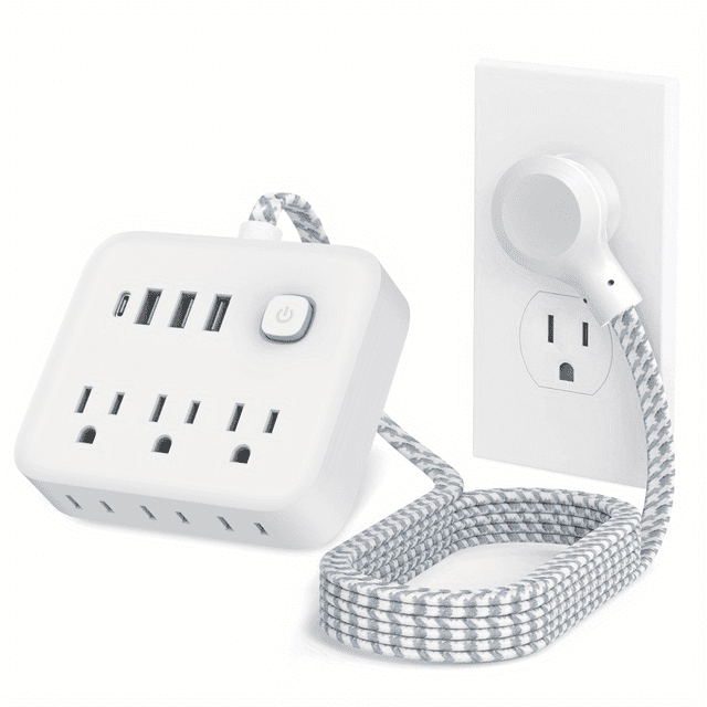 1 power board, power board surge protector, 3 AC sockets, 3 USB 1 and 1 Type-C charging port, power button, flat plug, desktop charging station with overload protection, suitable for home.