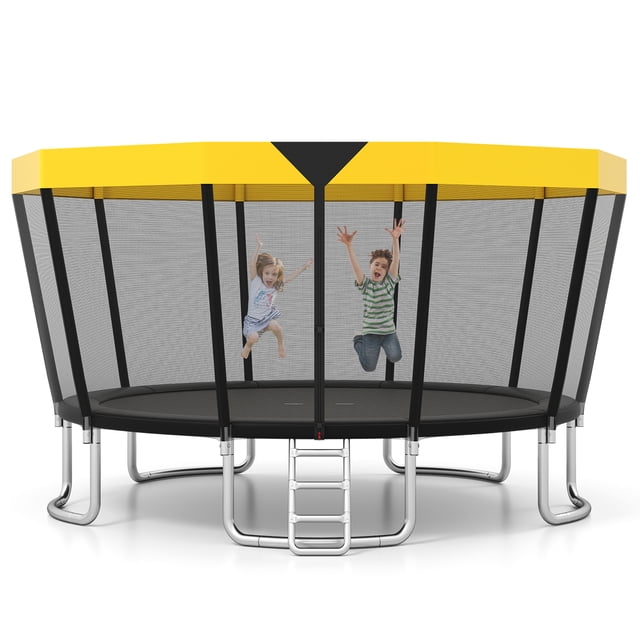 Gymax Trampoline Extérieur de 15 Pi, Trampoline Récréatif avec Filet de Sécurité, Échelle Antidérapante et Cadre en Acier Galvanisé à Trempage à Chaud pour la Résistance à la Rouille. Comprend des Pattes Courbées pour la Stabilité, un Tapis de Saut à Haute Élasticité, des Poteaux Rembourrés et une Porte à Fermeture Éclair Double Face pour un Jeu Extérieur Sécuritaire. Idéal pour Enfants et Adultes.