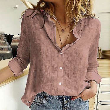 Meichang Womens Button Down Shirts Cotton Linen Lapel Collar Long Sleeve Lightweight Tops Plus Size Solid Business Work T Shirts