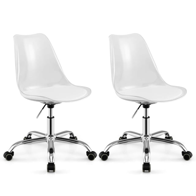 Costway 2 Pcs Chaise de Bureau Transparente avec Siège Pivotant et Coussin en Cuir PU Souple Roues Universelles