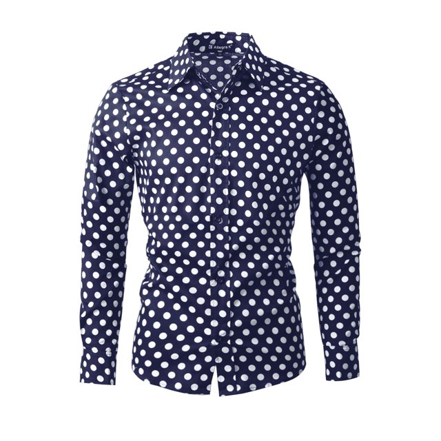 INSPIRE CHIC Men's Shirt Polka Dots Pattern Point Collar Long Sleeve Button Down Shirt 34 Navy Blue