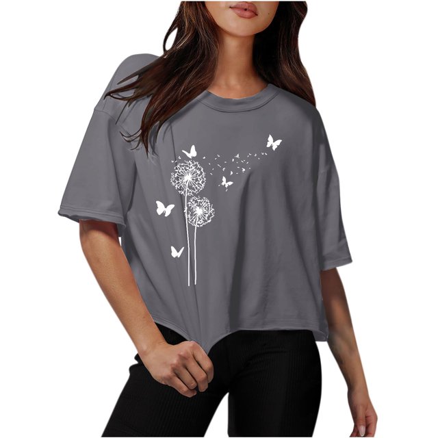 Blouses for Women Drop Shoulder Round Neck Oversized Crop Tops Workout Tops Tees