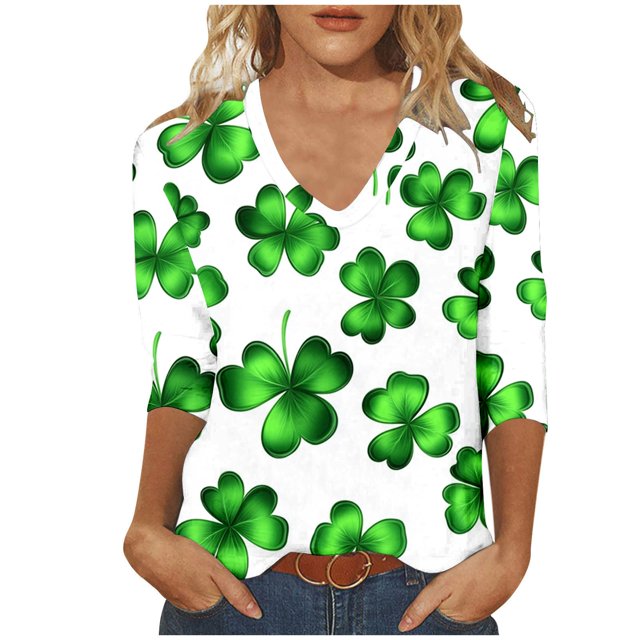 FAIWAD T-Shirts pour Femmes Grande Taille de la Saint-Patrick Trèfle Col en V Manches 3/4 Chemise Décontractée Ample Mignonne Hauts