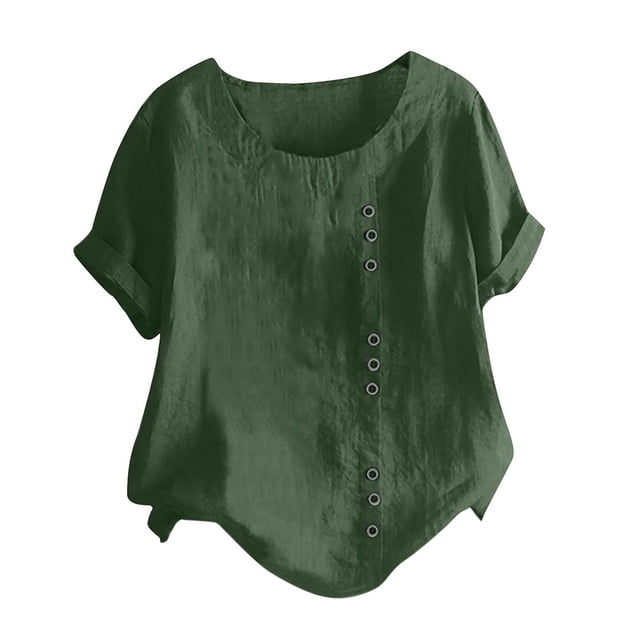 Timegard Cotton Linen Tops for Women Plus Size Round Neck Button Tunic Tops Casual Lightweight Blouse