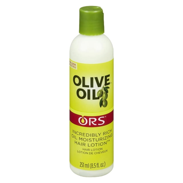 ORS Olive Oil Moisturizing Hair Lotion in a 251 ml (8.5 fl. oz.) white plastic bottle with green flip-top cap and yellow label featuring olive fruit illustration, formulated to restore natural moisture balance, protect hair from heat, and enhance shine and softness.