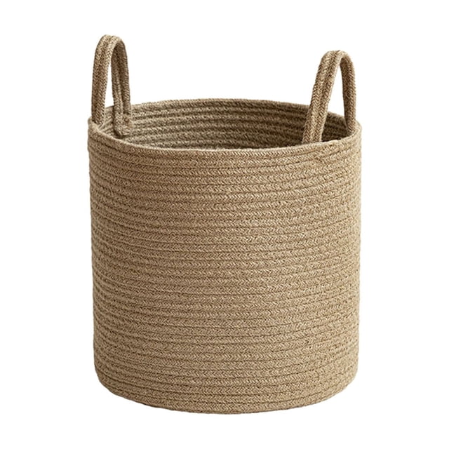 EGNMCR rope hand-woven storage basket in brown, featuring a round design with two sturdy carry handles. Made from durable woven cloth material, this foldable basket measures 25×20×5cm (9.8×7.8×1.96 inches) and weighs 500g (1.1lb). Perfect for home storage, organizing dirty clothes, toys, sundries, and household items, it enhances space optimization and tidiness.